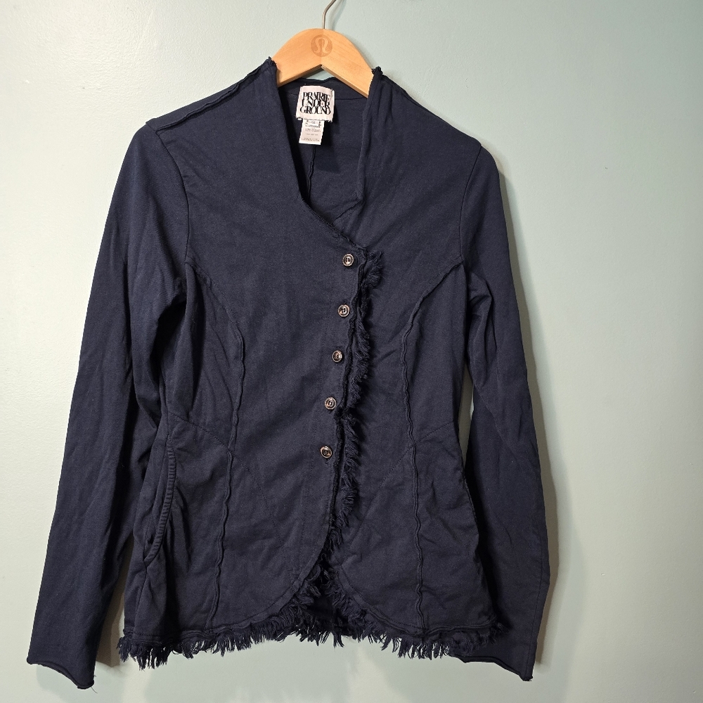 Prarie Underground Lagenlook Navy Black Frayed Blazer Size S 100% Cotton USA